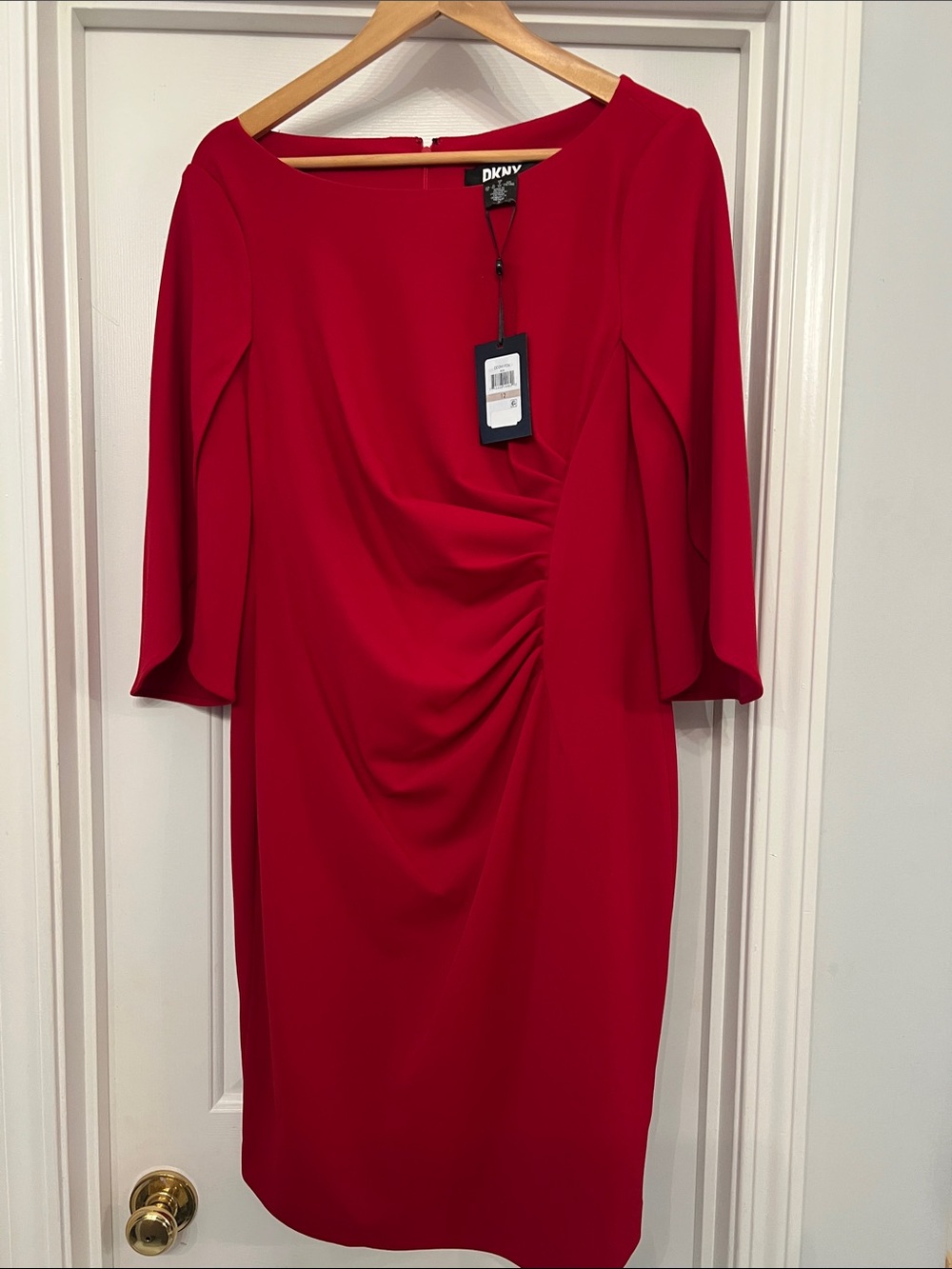 DKNY Red Ruched Sheath Dress with Three-Quarter Sleeves